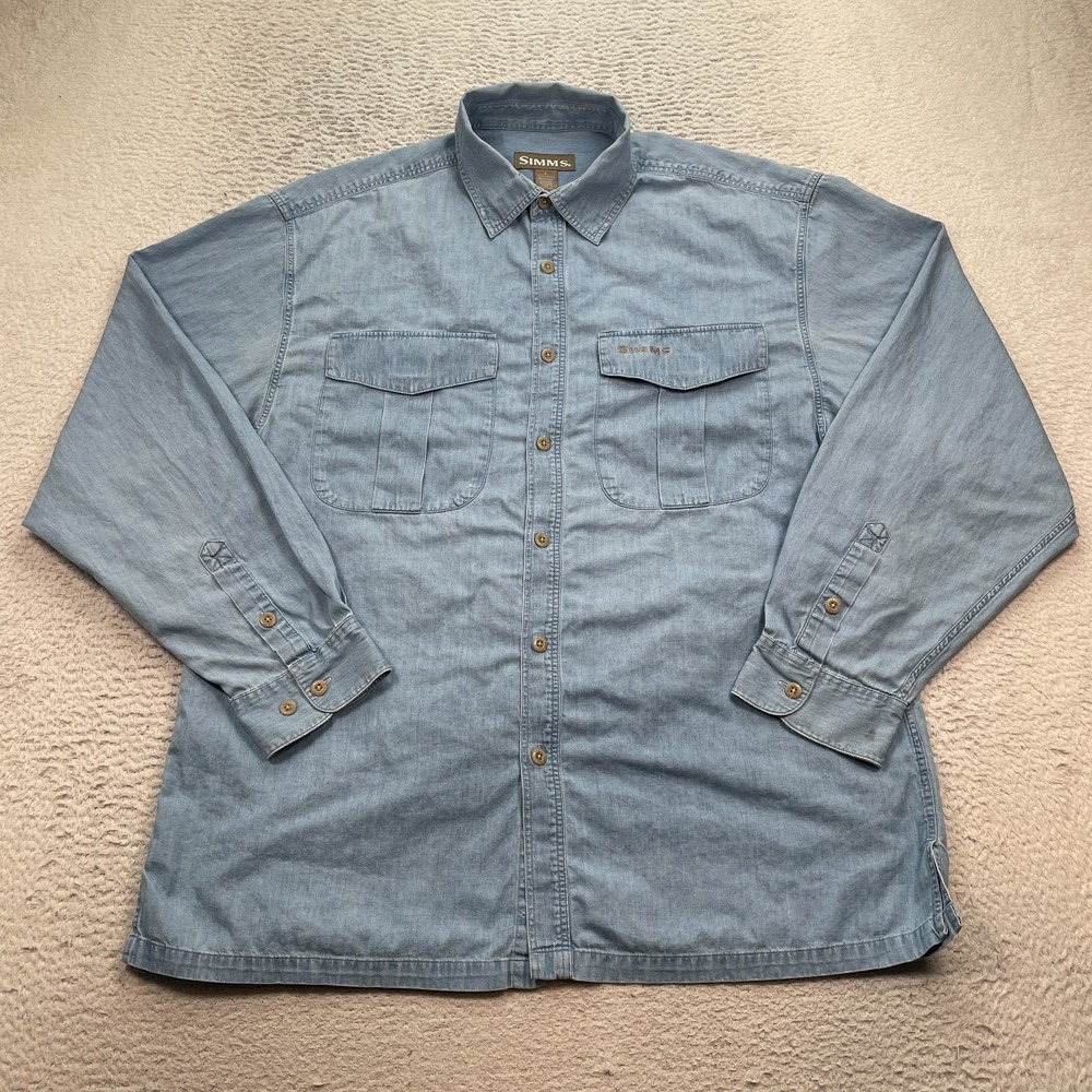 Simms Shirt Men's Size Large Denim Long Sleeve Button Up Fishing Outdoor Pockets